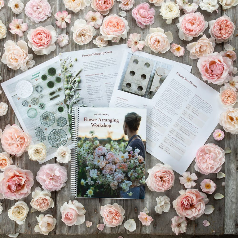 An overhead of the Floret Flower Arranging Workshop course book.