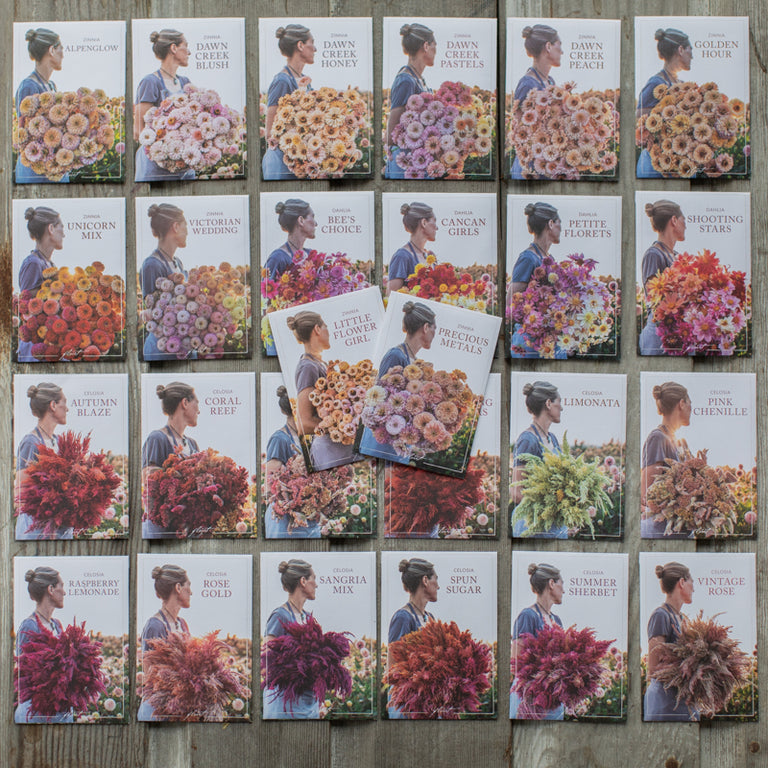 An overhead of the 2024 Floret Originals Collection seed packets