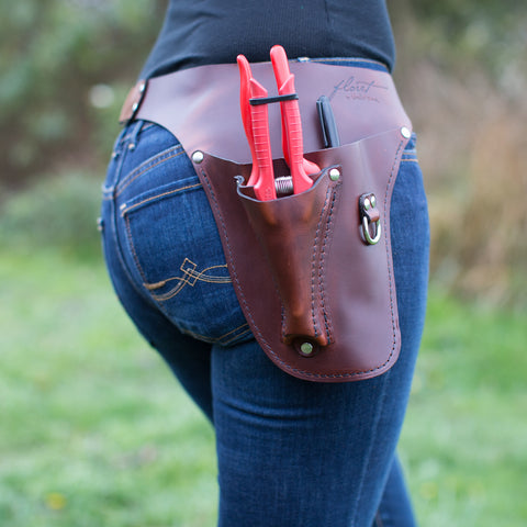 Close up of Floret’s rosewood right-handed tool belt  