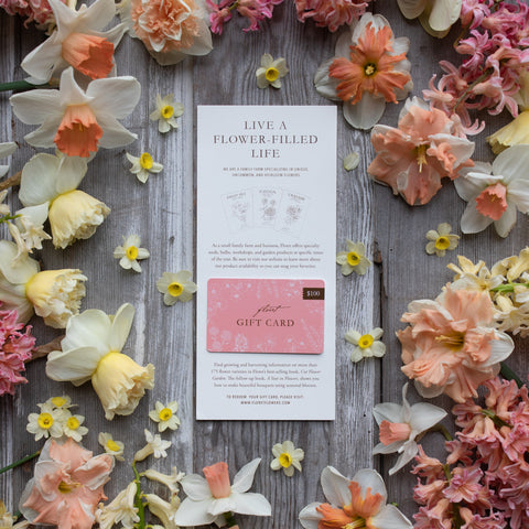 An overhead of Floret's gift card insert surrounded by flower heads